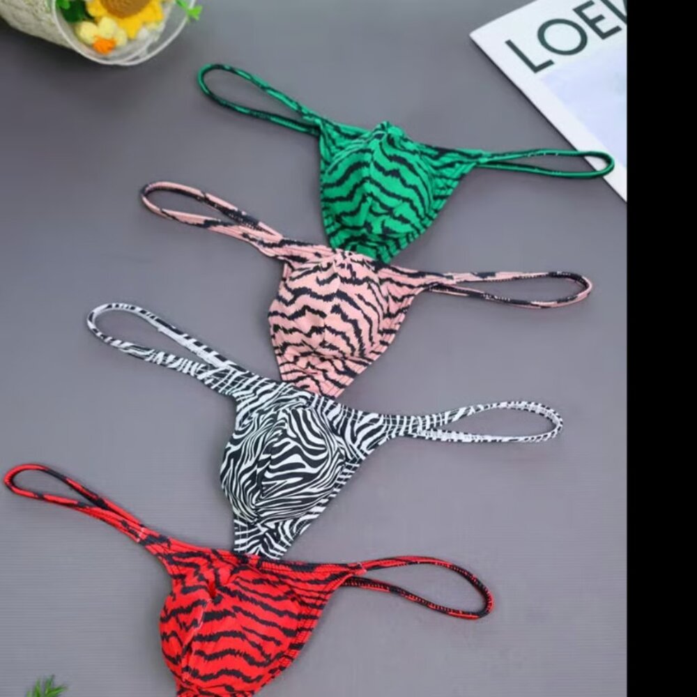 4pcs G-String with Random Print, Leopard Print Sexy Wild Party Men's Thong Under